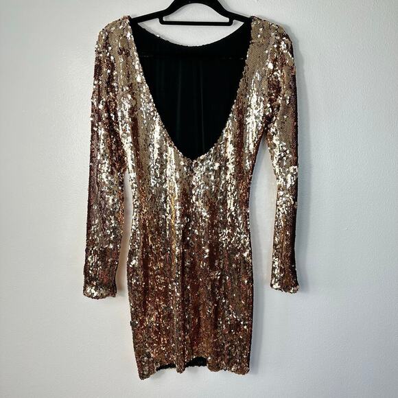 Dress the Population Lola Sequin Mini Low Back Long Sleeve Party Sexy Gold XS - Picture 4 of 8